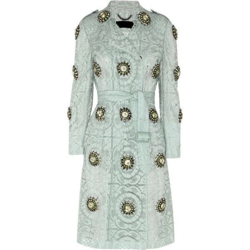 Burberry Prorsum Jeweled Embellished Lace Trench Coat Jacket Green